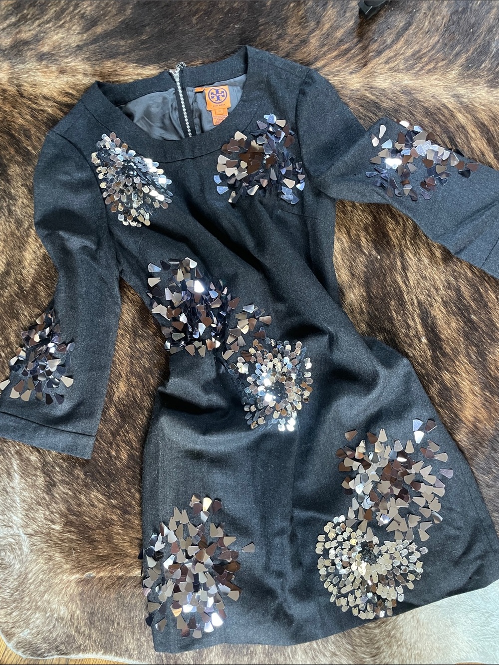 Tory Burch Black Wool Dress with Metallic Sequin Clusters